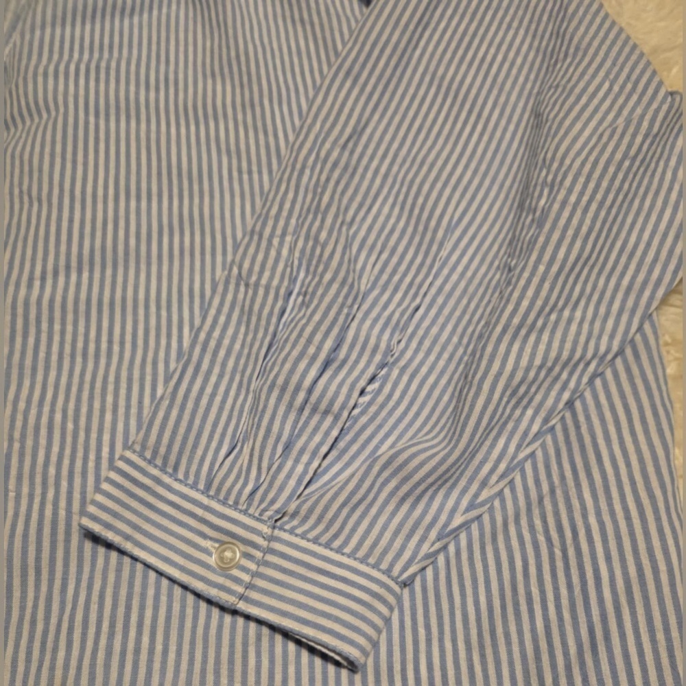 Popover Fit Size XL Blue & White Women's Ruffled V Neck 3/4 Length Sleeve EUC - Picture 5 of 6
